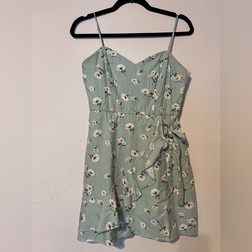 Floral Linen-Mix Faux Tie-Waist Spaghetti Strap Summer Dress - Sage Green Size M